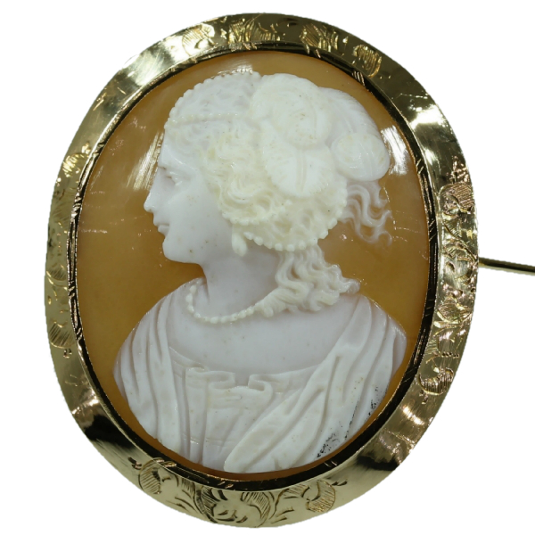 French Victorian shell cameo brooch in gold mounting